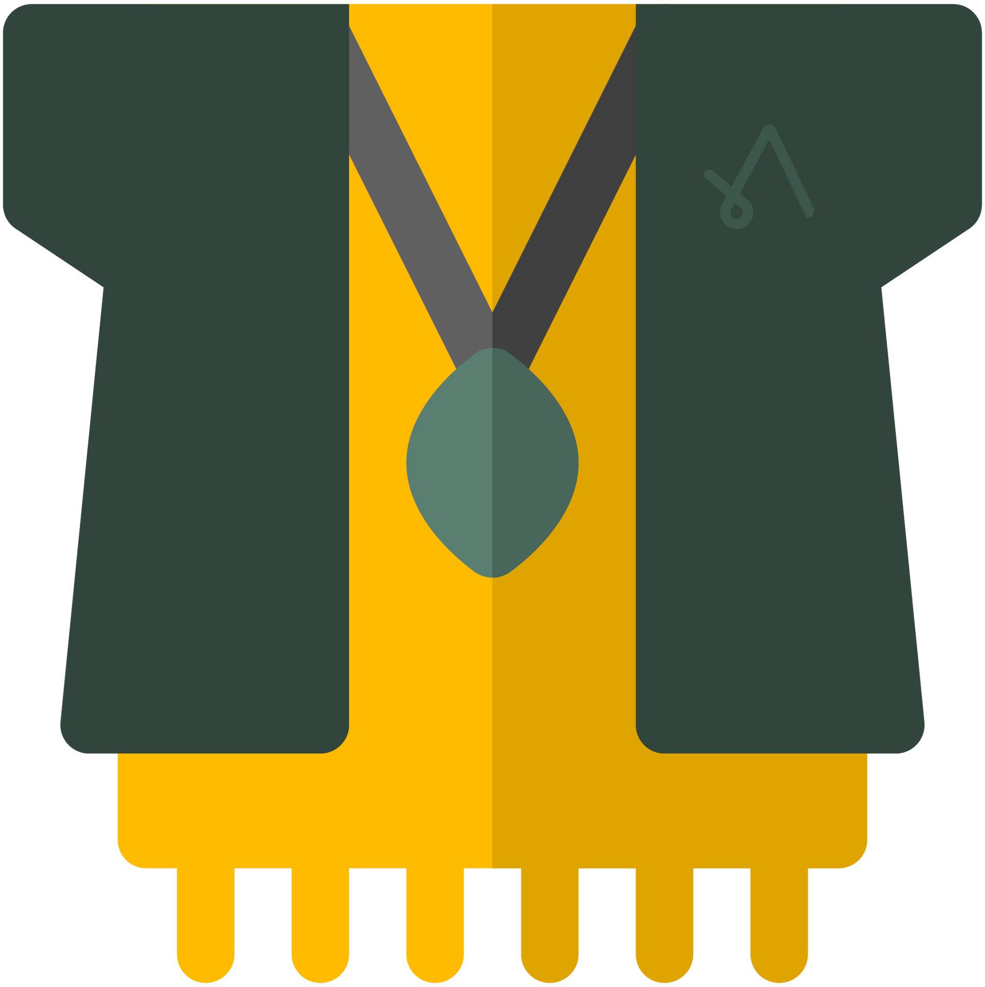 A green robe with a medal around its neck.