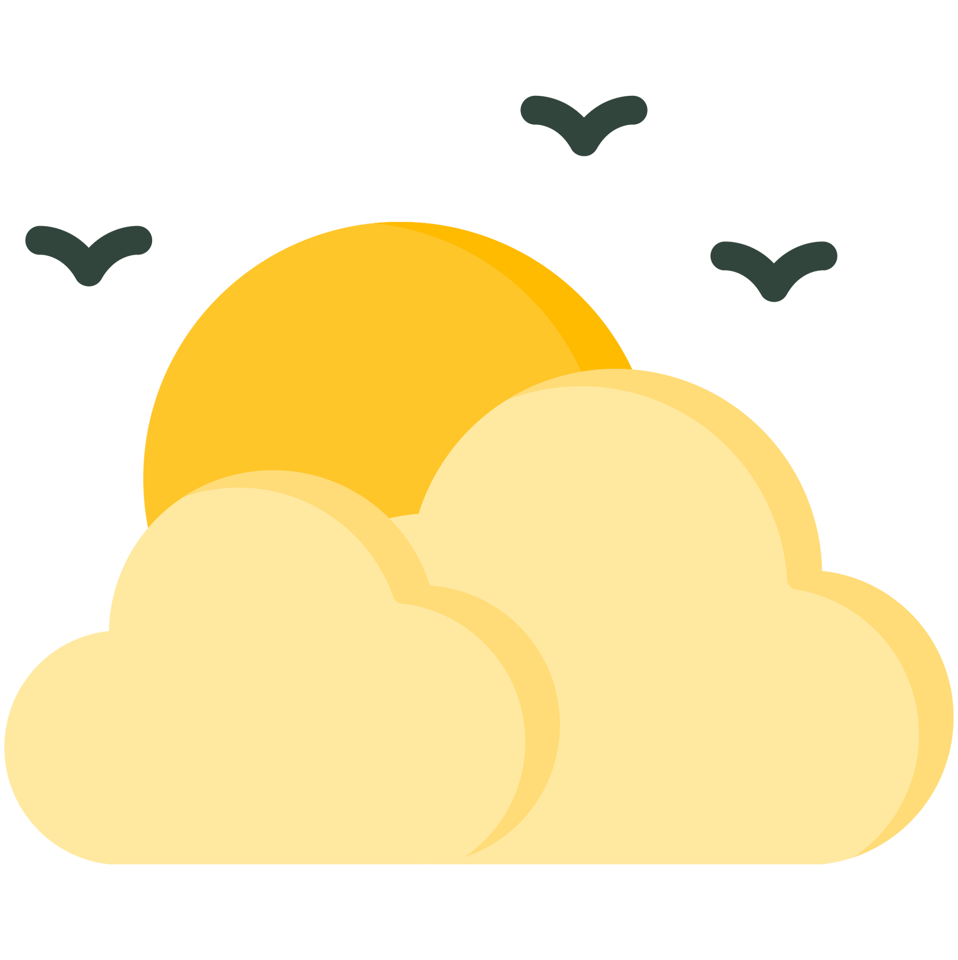 The sun is shining through the clouds and birds are flying in the sky.