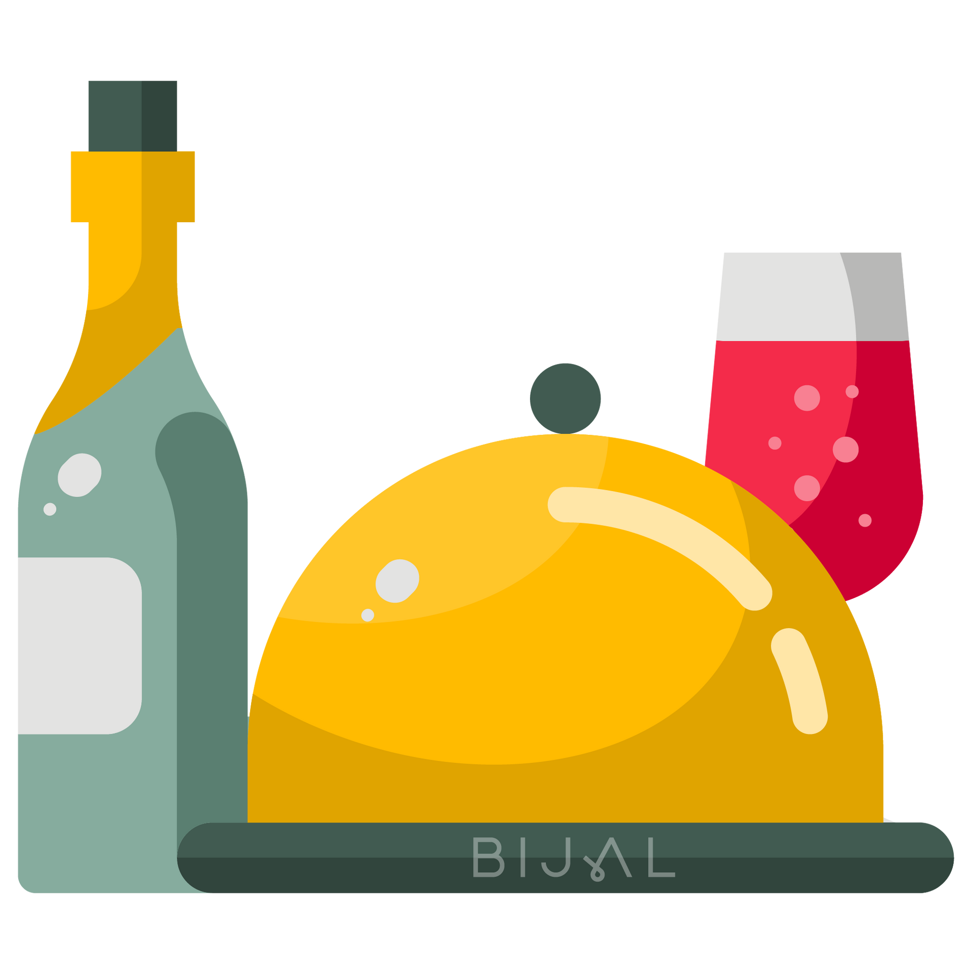 A bottle of wine , a cloche , and a glass of wine on a tray.