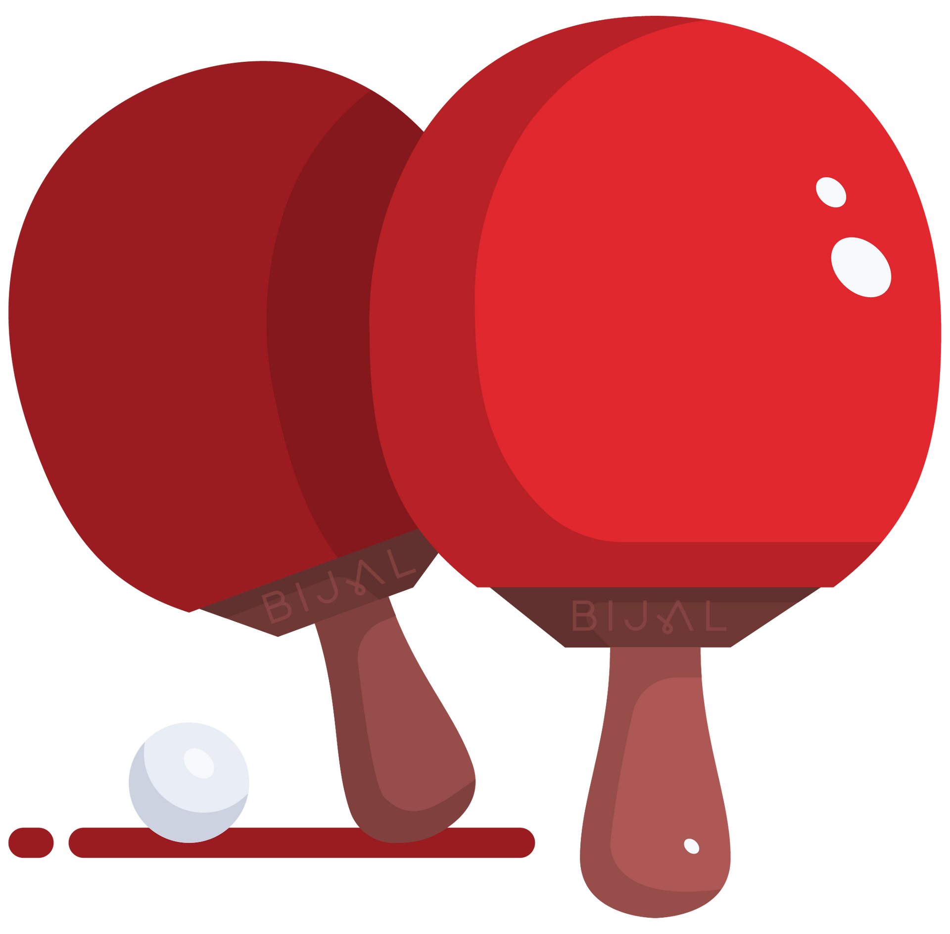 A pair of red ping pong paddles and a white ball