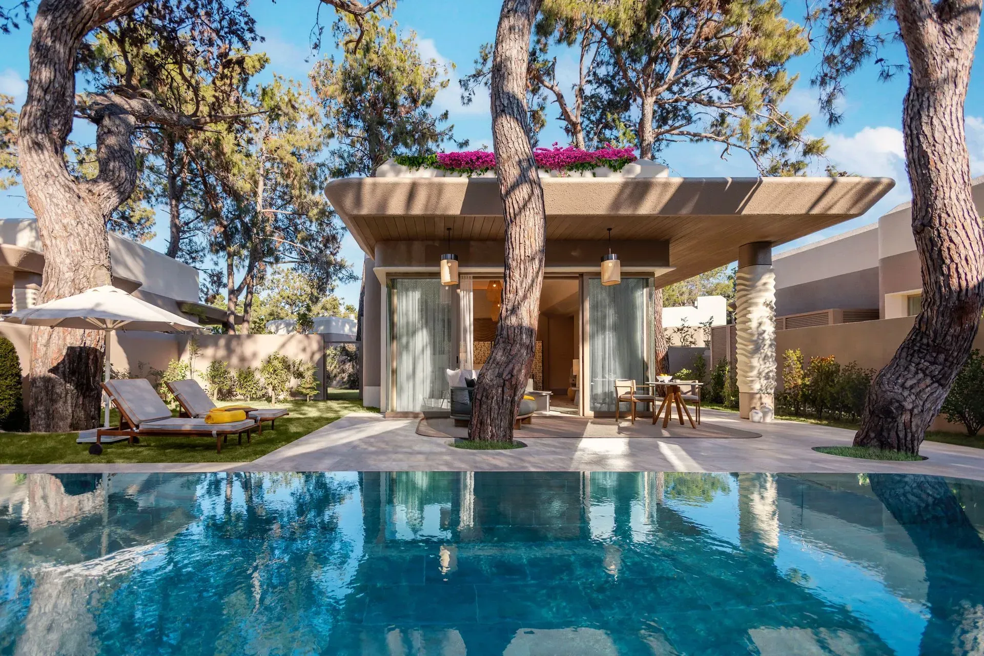 A small house with a swimming pool in front of it surrounded by trees.